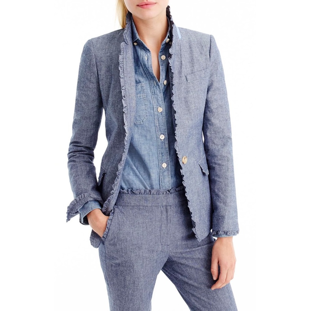 J. Crew Chambray Ruffle Regent Blazer